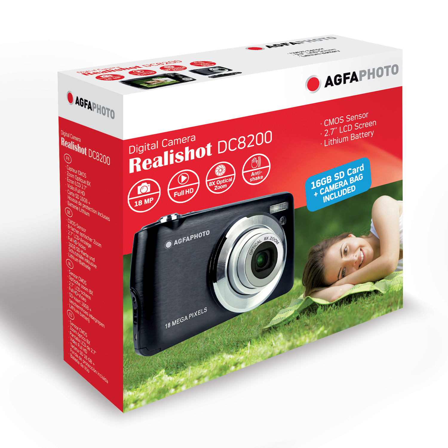 Una scatola di fotocamera. Una donna è sdraiata sull'erba. Fotocamera e dettagli sono sulla scatola.