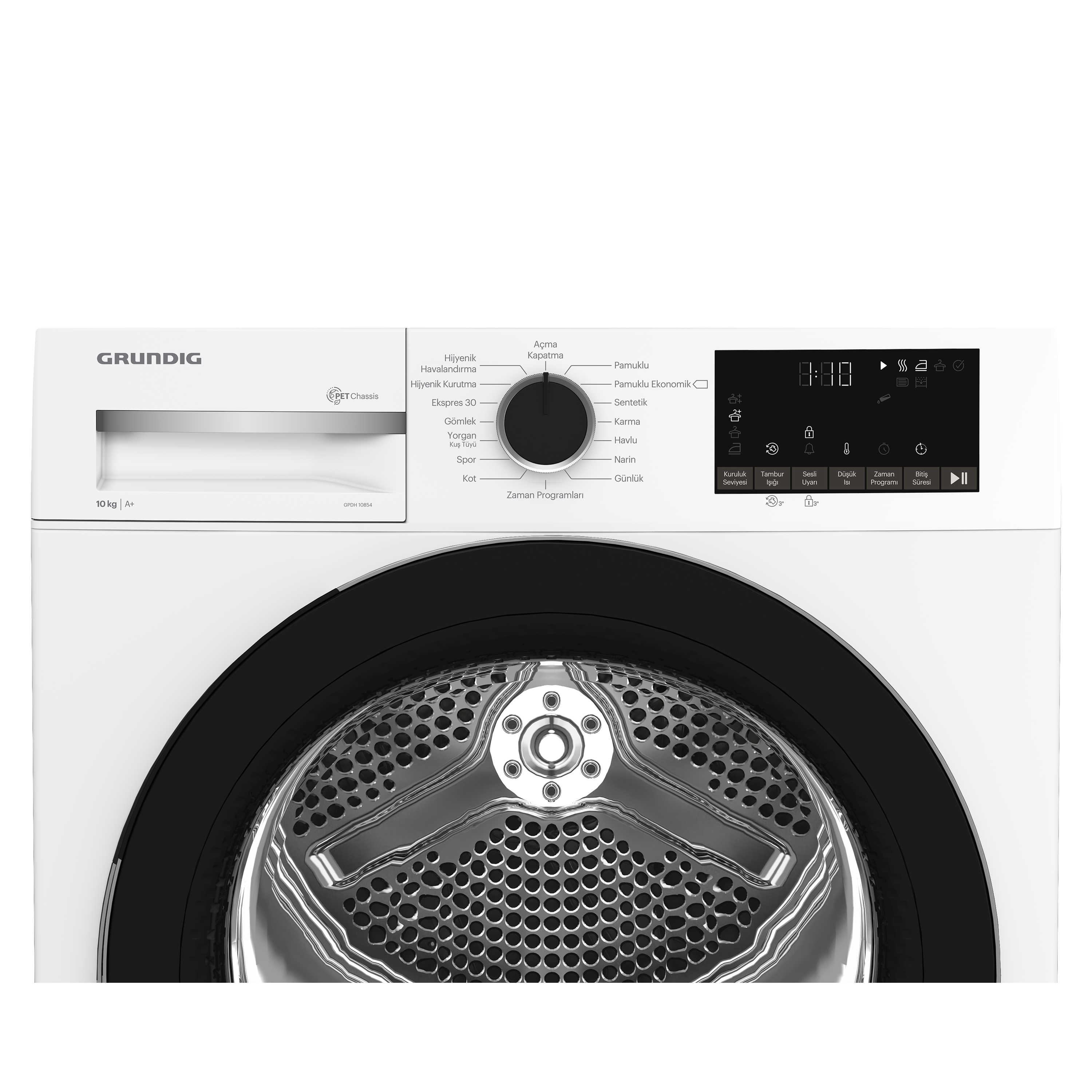 Grundig çamaşır makinesinin kontrol panelinin yakın çekimi, beyaz ve siyah detaylarla.