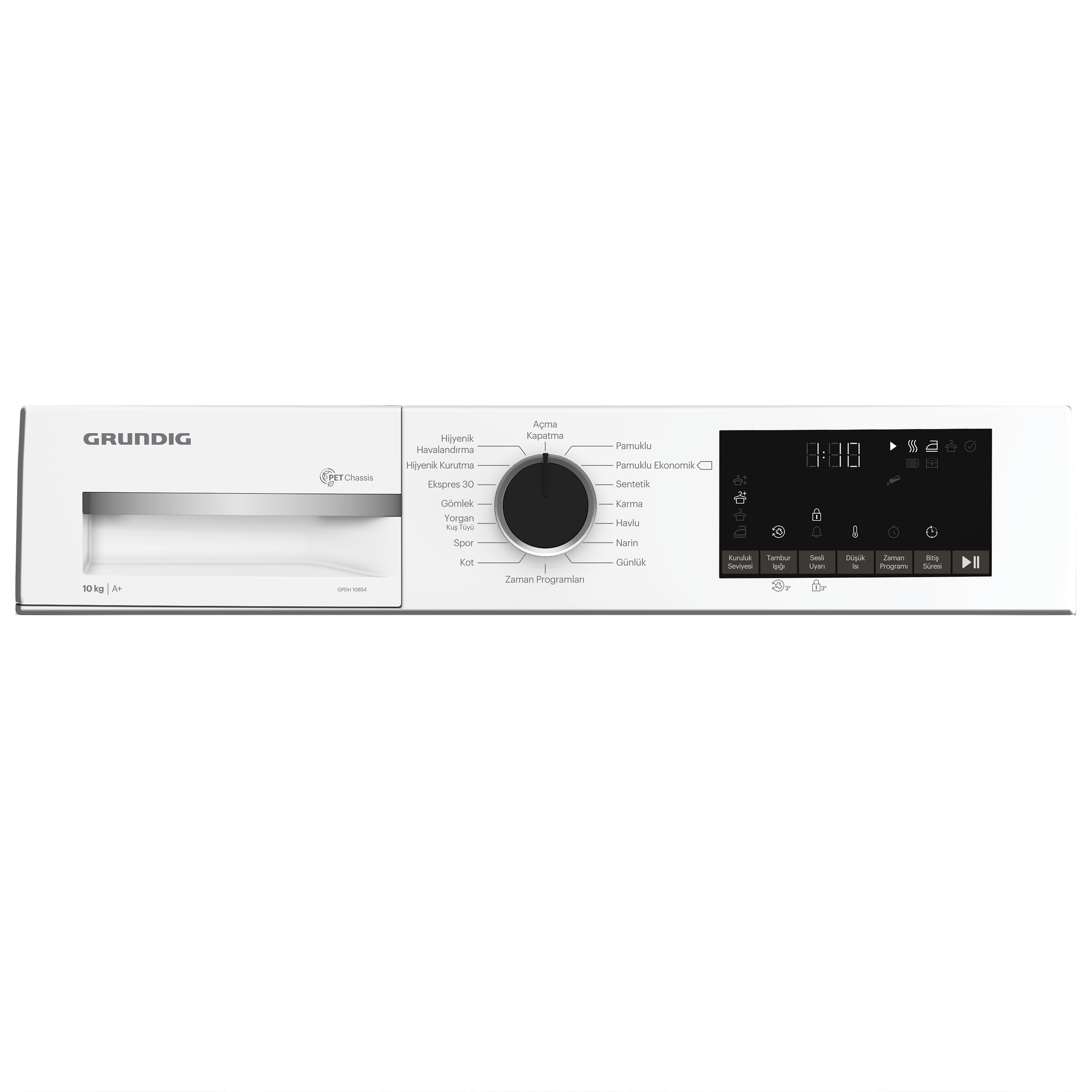 Beyaz Grundig çamaşır makinesi kontrol paneli. Çeşitli ayarları ve dijital bir ekranı gösterir.