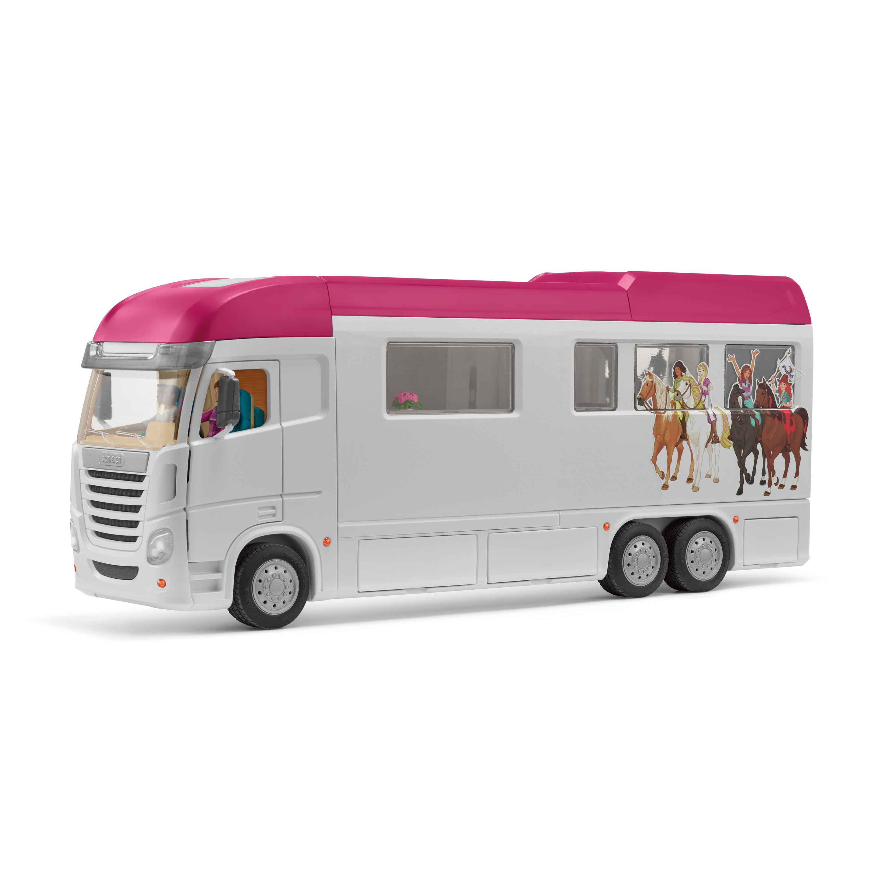 Spielzeug-Pferdeanhänger, weißer Körper, rosa Dach, Aufkleber mit Pferden und Personen.