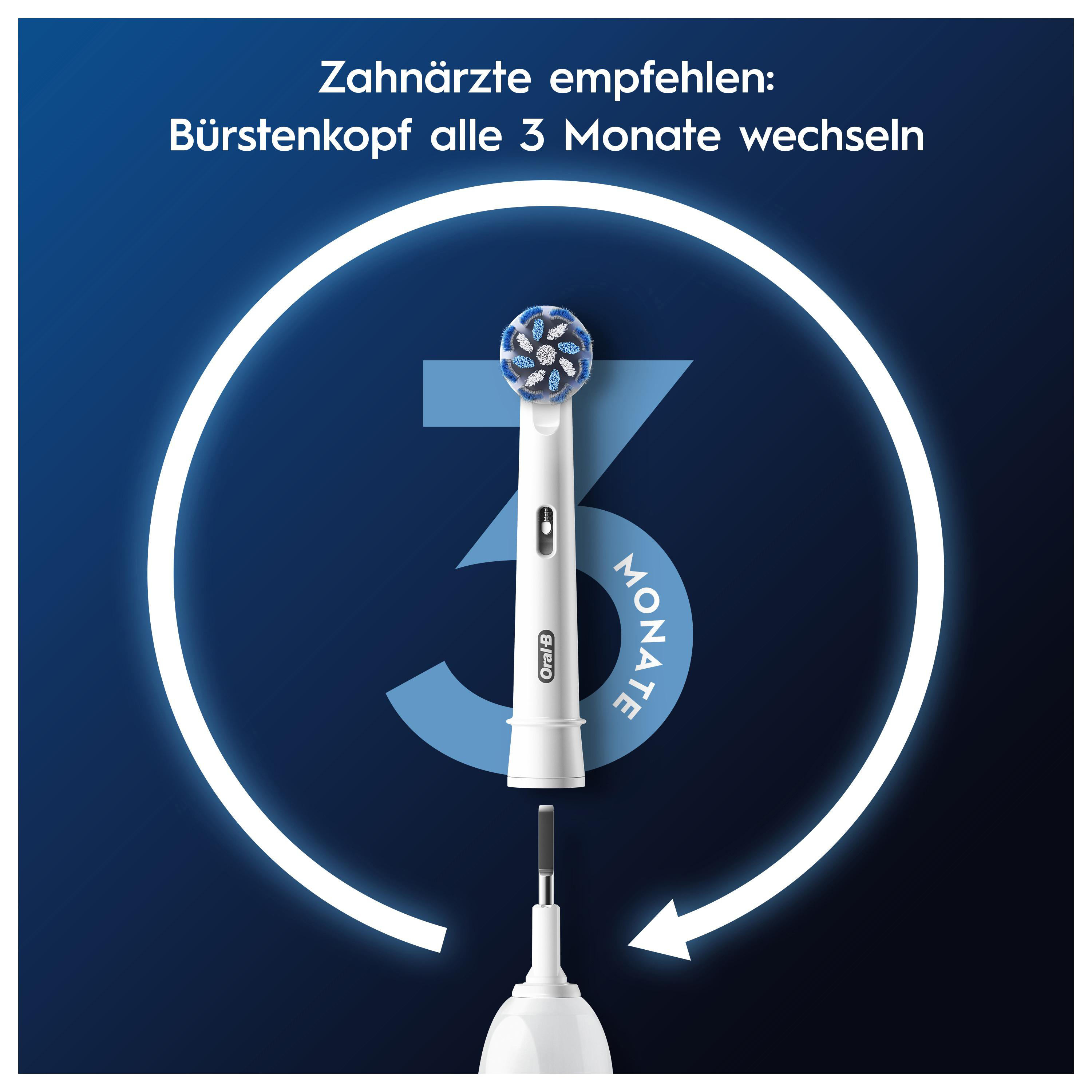Zahnbürstenkopf und -griff mit '3 Monate'-Grafik, weißer Pfeil.