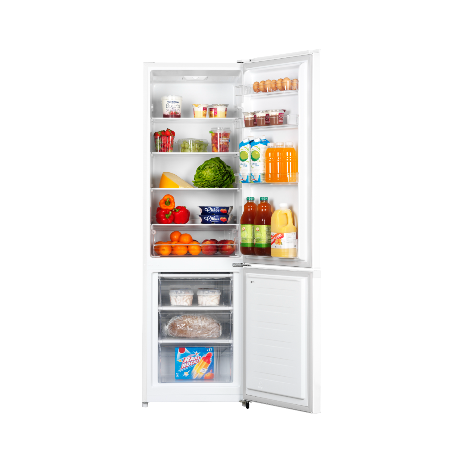 A white refrigerator with the doors open, filled with food items.