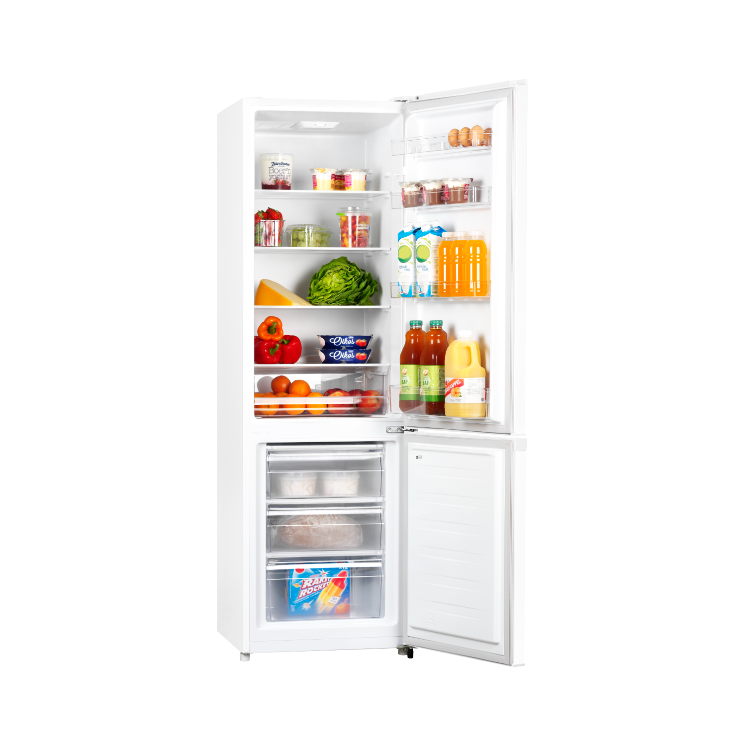 A white refrigerator with the door open, full of food and drinks. The freezer is also open.