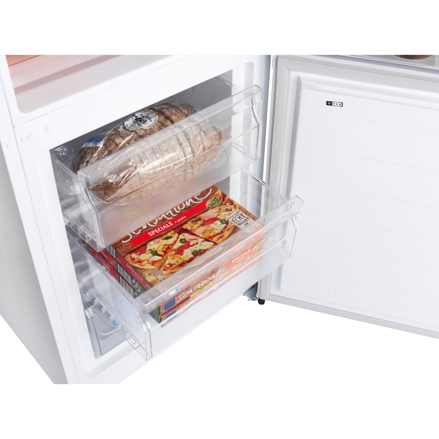 A freezer with food inside. There are drawers with pizza boxes and bread.