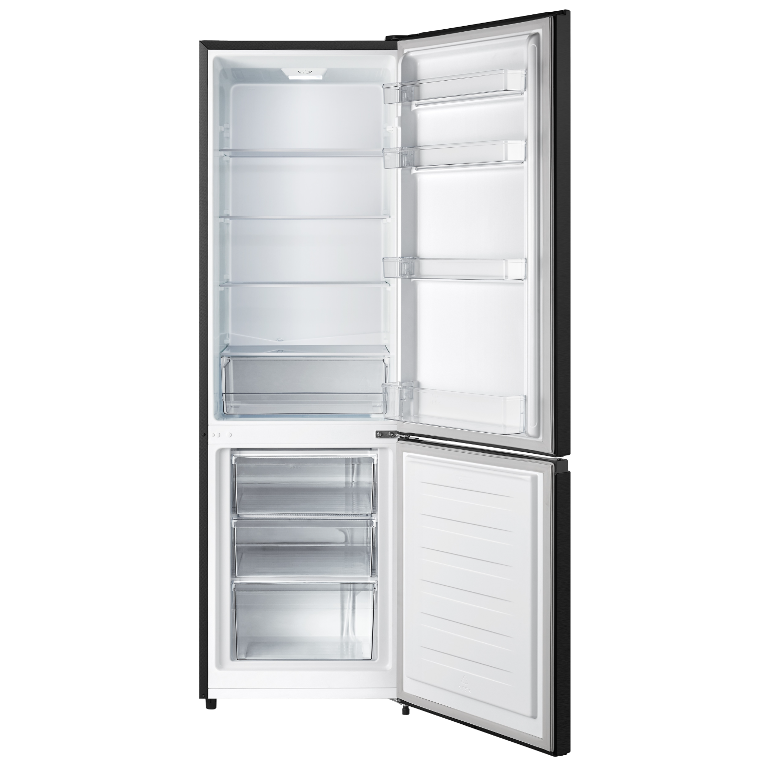 Open refrigerator with shelves, drawers, and a freezer compartment.