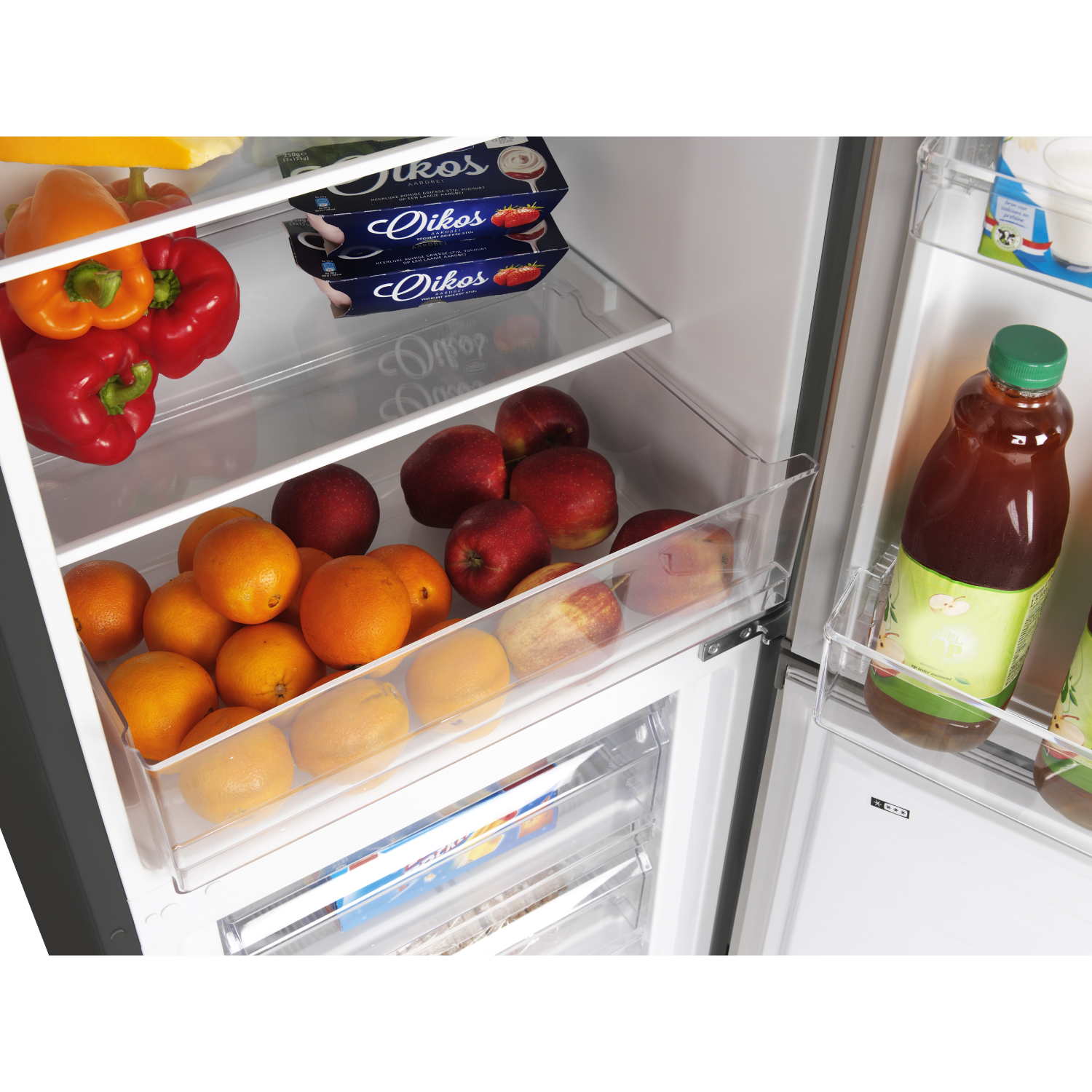 A refrigerator with its door open, revealing shelves with food items in various containers.