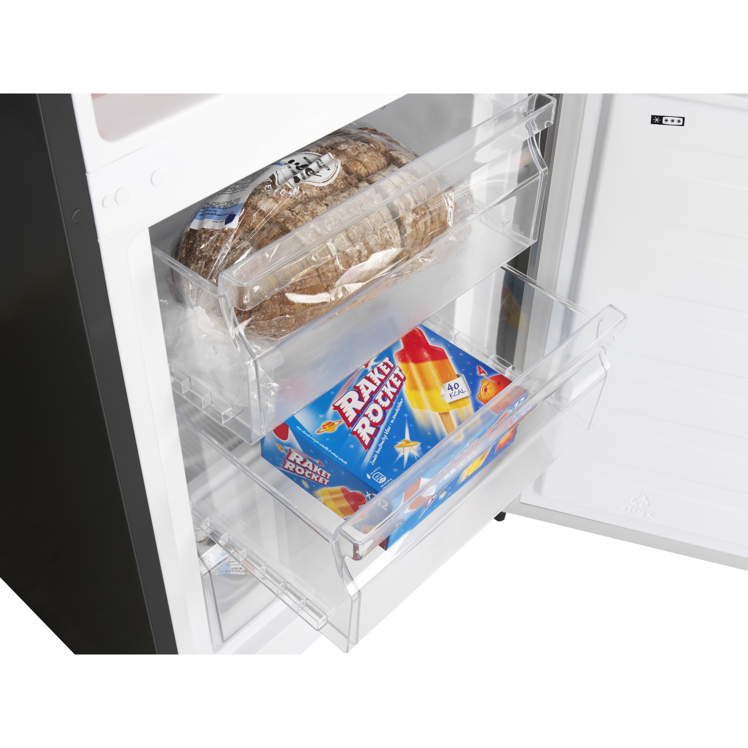 Inside fridge: bread, ice pops, and other items.