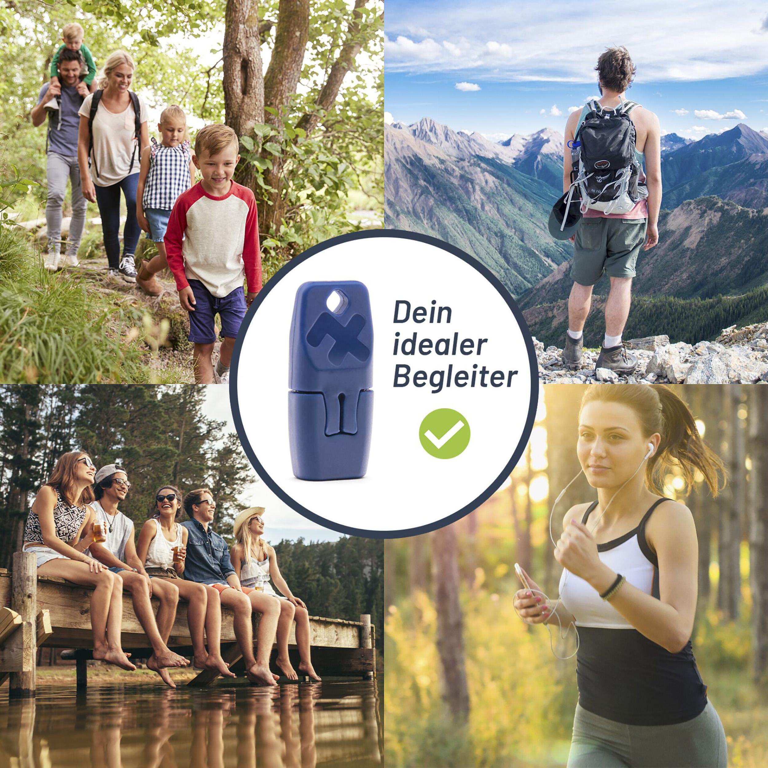 Collage von Menschen, die die Natur genießen: Spazierengehen, Wandern und Entspannen am Wasser.