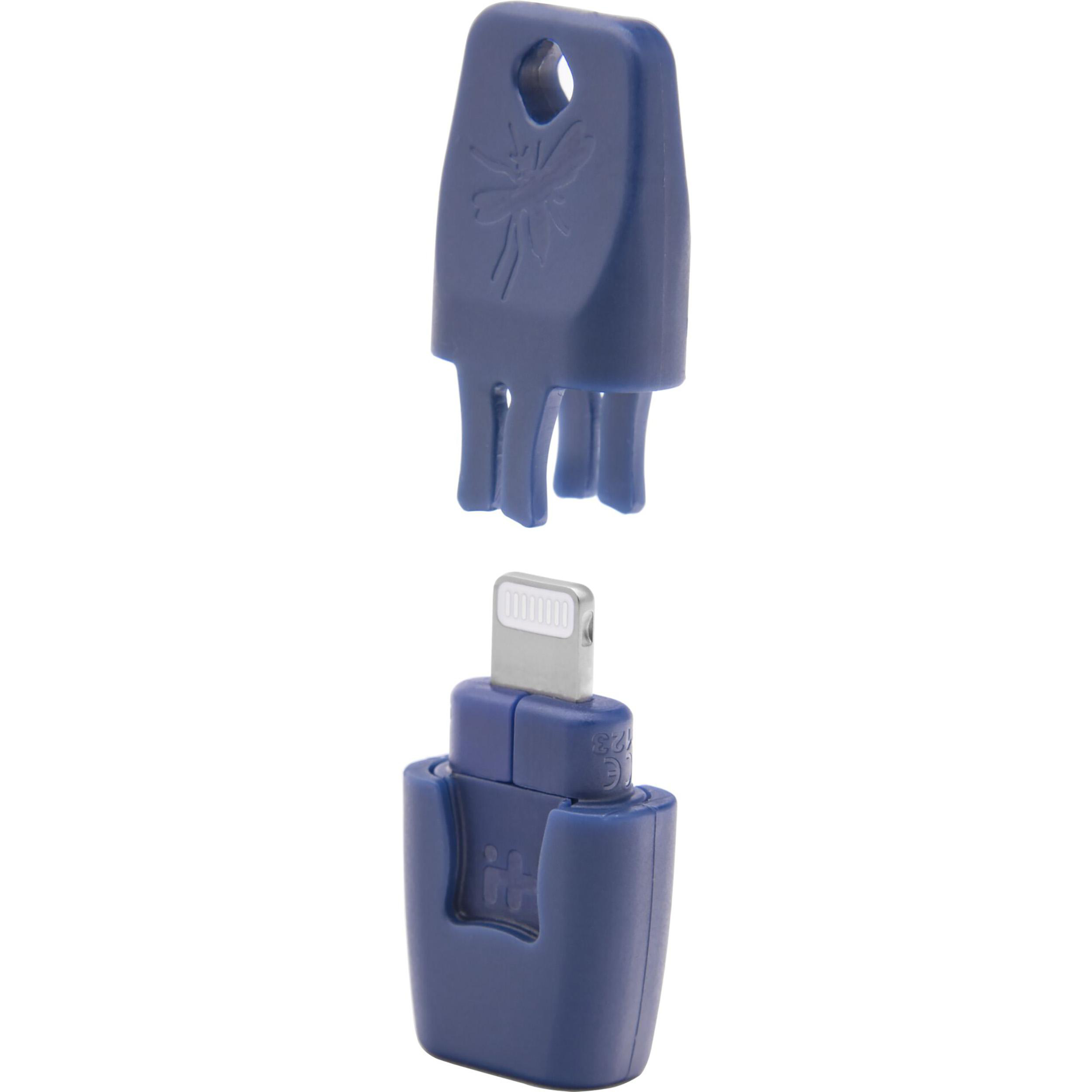 Blauer Lightning-zu-USB-Adapter. Enthält Adapter und schlüsselähnliches Werkzeug.