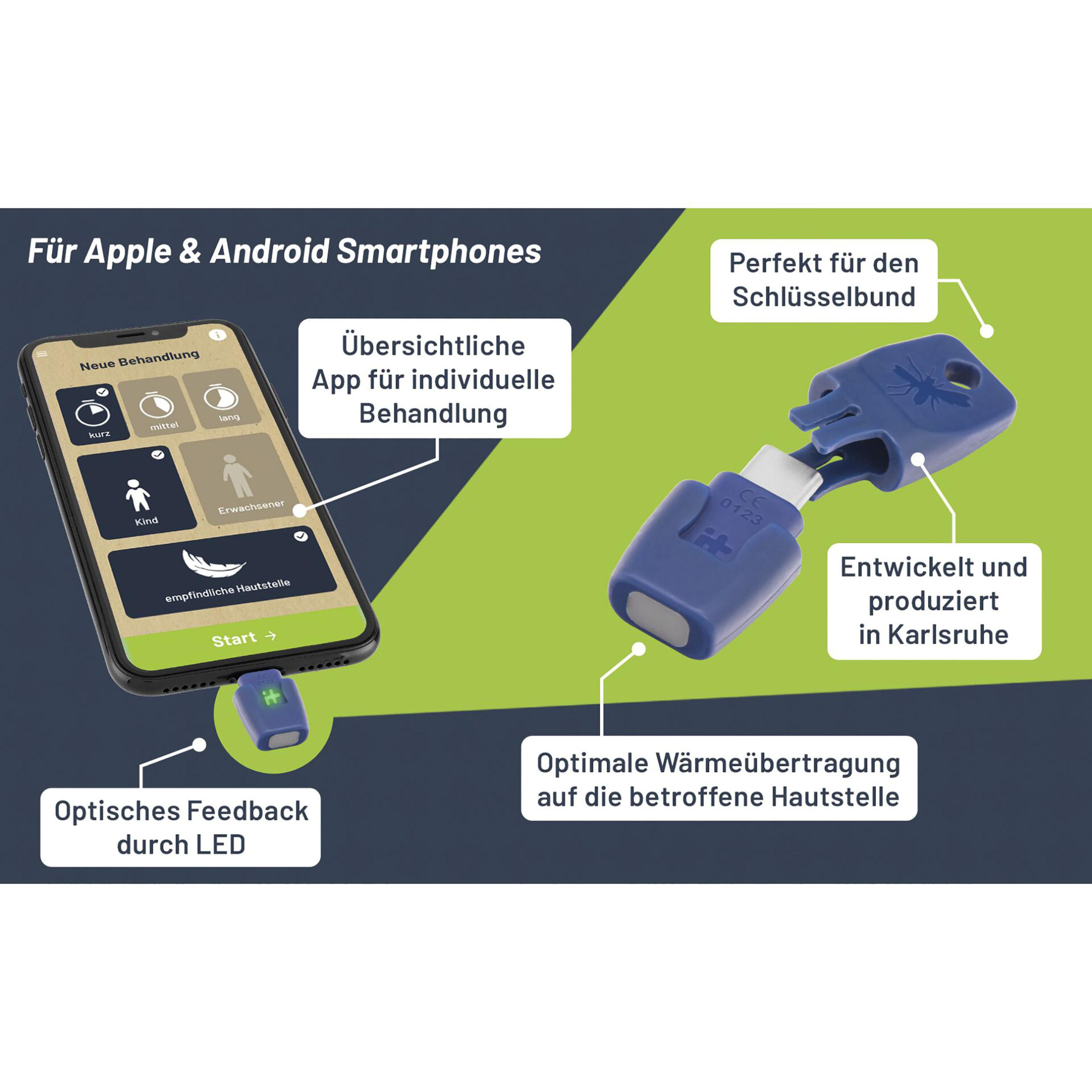 Ein Smartphone mit einer App und ein blaues schlüsselähnliches Gerät. Text und Pfeile zeigen Details.