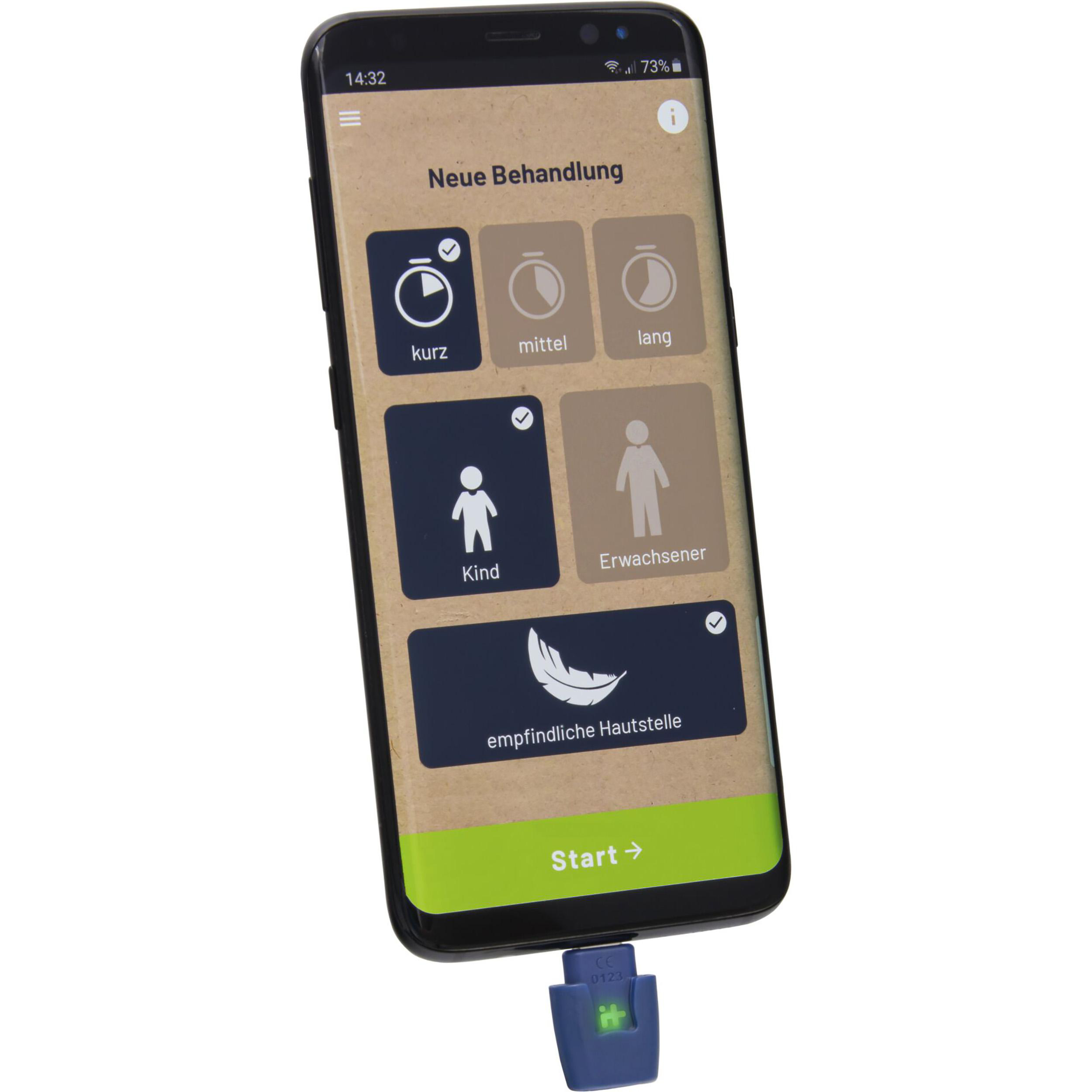 Smartphone, der eine medizinische App-Oberfläche anzeigt, mit Optionen für Behandlungsdauer und Patiententyp.