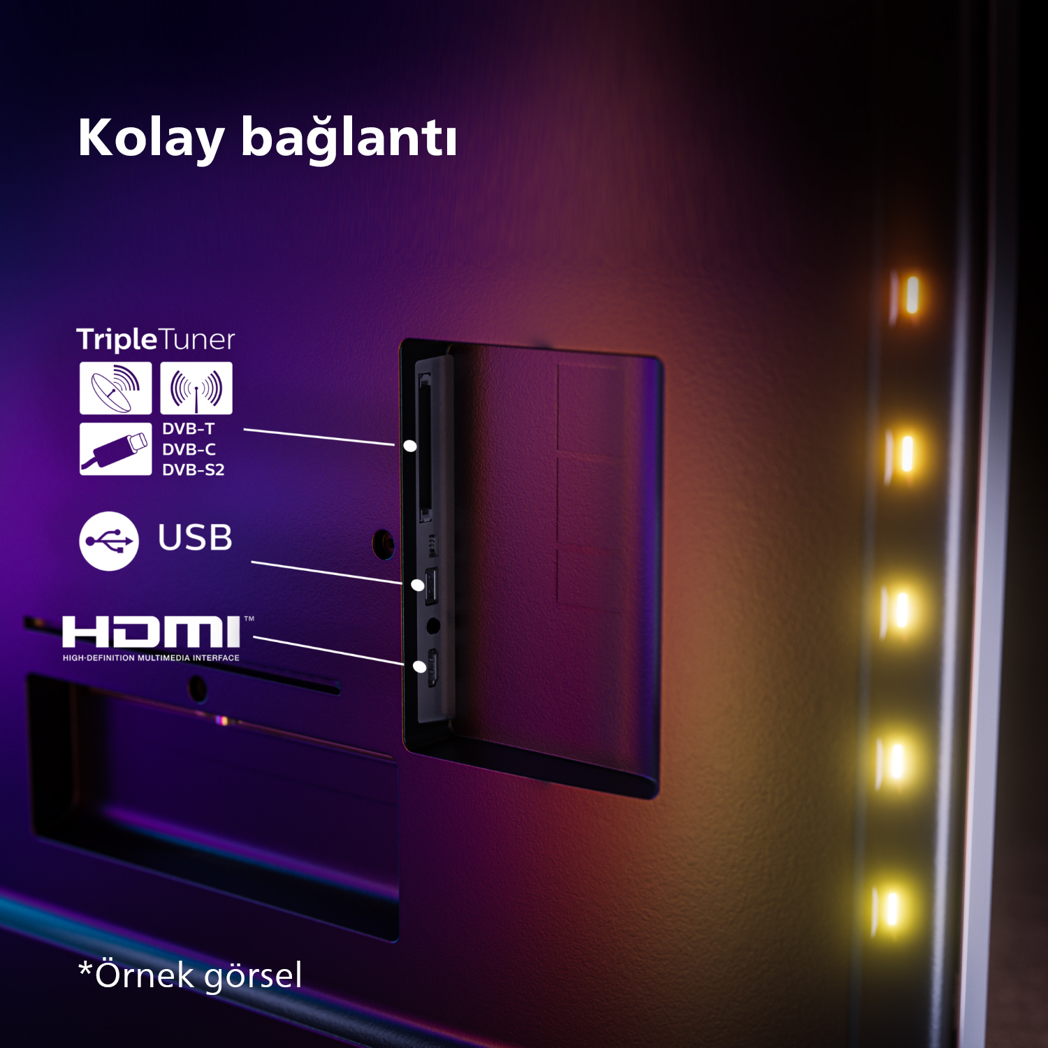 HDMI ve USB dahil olmak üzere çeşitli kablolar için bağlantı noktalarını gösteren bir TV'nin arka panelinin yakın çekimi.