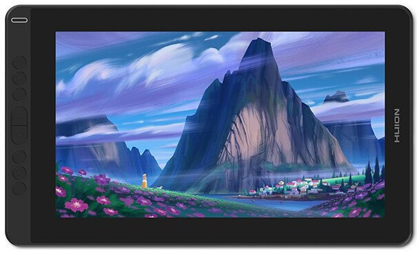 Tablet do rysowania z ekranem pokazującym ilustrację krajobrazu.