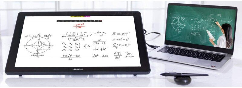 Cyfrowa tabletka do rysowania i laptop, oba wyświetlające wzory matematyczne, z rysikiem.