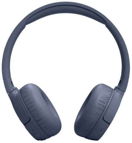 Niebieskie słuchawki z pałąkiem. Muszle są duże i mają zaokrąglony kształt.