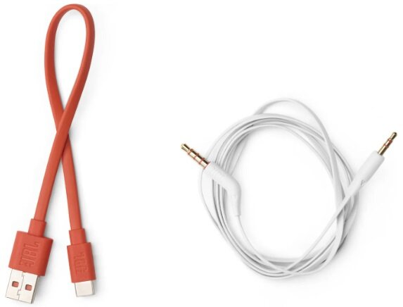 Dwa kable. Jeden pomarańczowy kabel USB-C i jeden biały kabel z gniazdem audio 3,5 mm.