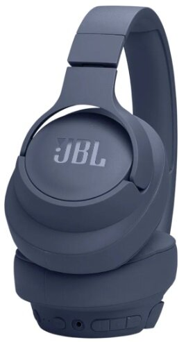 Niebieskie słuchawki JBL na białym tle. Słuchawki są w stylu nausznym.