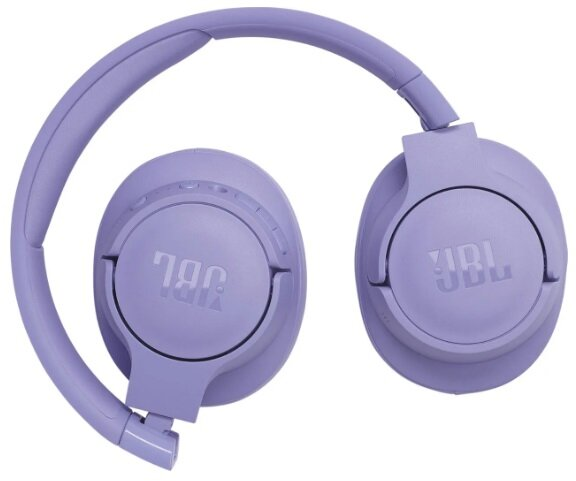 Złożone lawendowe słuchawki JBL z logo marki po obu stronach.