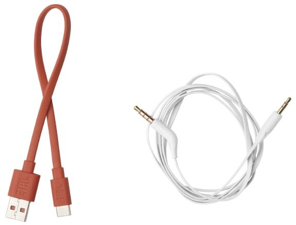 Dwa kable: pomarańczowy USB do USB-C i biały kabel audio z wtyczkami.