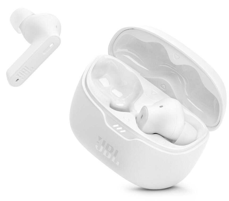 Białe bezprzewodowe słuchawki i etui ładujące, zbliżenie.