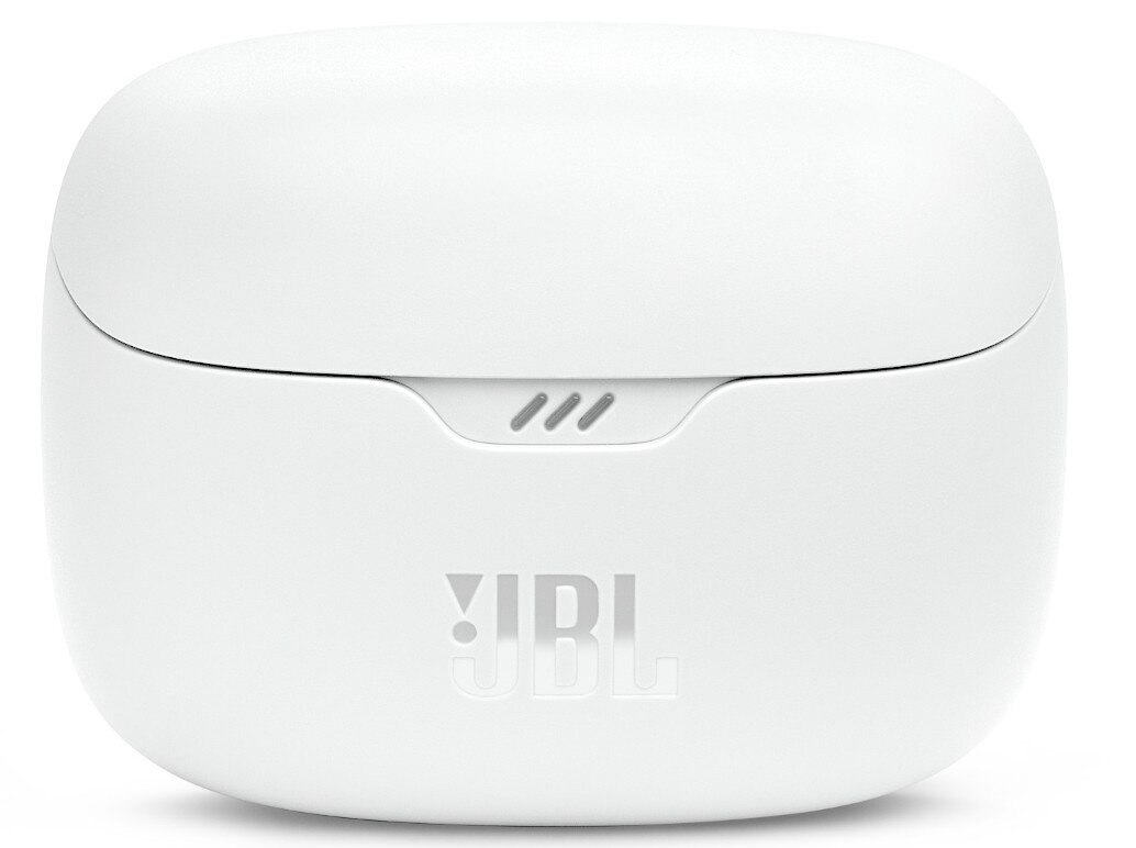 Białe, zamknięte etui z logo JBL. Etui ma zaokrąglony kształt i trzy małe otwory.