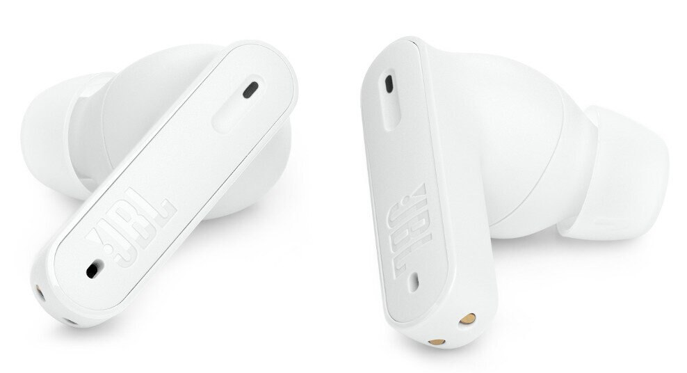 Dwa białe słuchawki douszne z logo JBL. Jeden słuchawka ma logo JBL i małą kropkę.