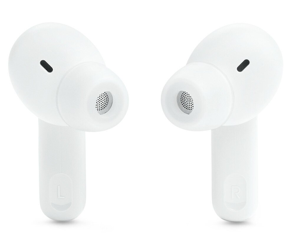Dwa białe bezprzewodowe słuchawki. Zbliżenie, pokazujące powierzchnię i grill głośnika.