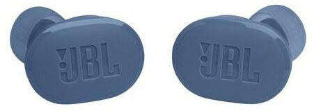 Dwa niebieskie słuchawki JBL, zbliżenie na białym tle. Widoczne logo JBL.