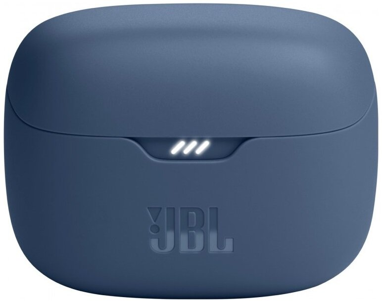 Niebieskie etui ładujące do słuchawek JBL. Etui ma trzy białe światła.