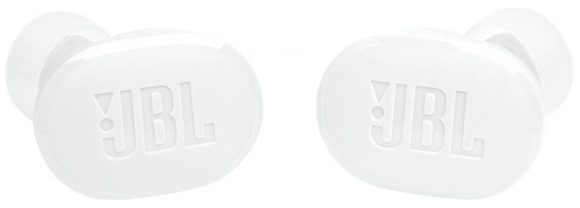 Dwa białe bezprzewodowe słuchawki JBL, obok siebie, z widocznym logo JBL na każdym.