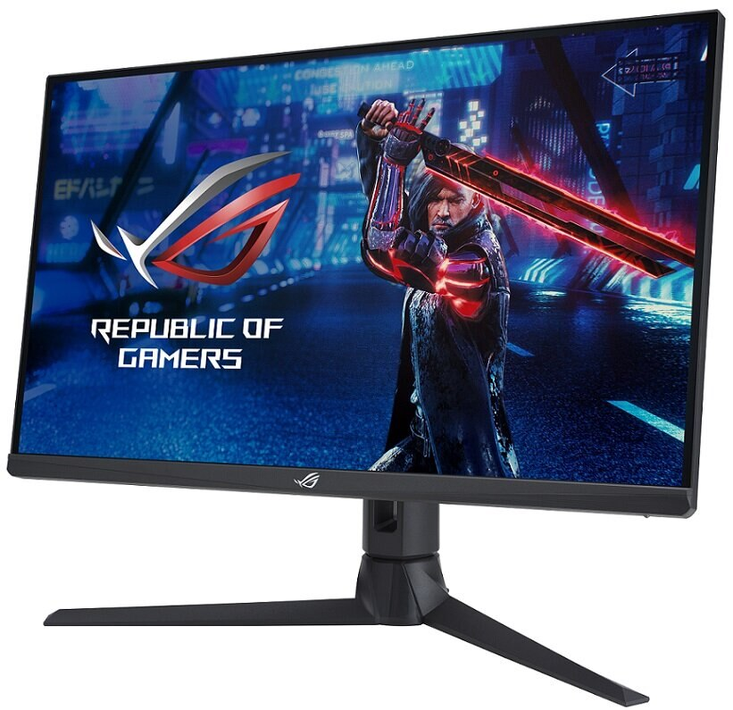 Monitor do gier z mężczyzną z czerwonym mieczem i logo ROG.