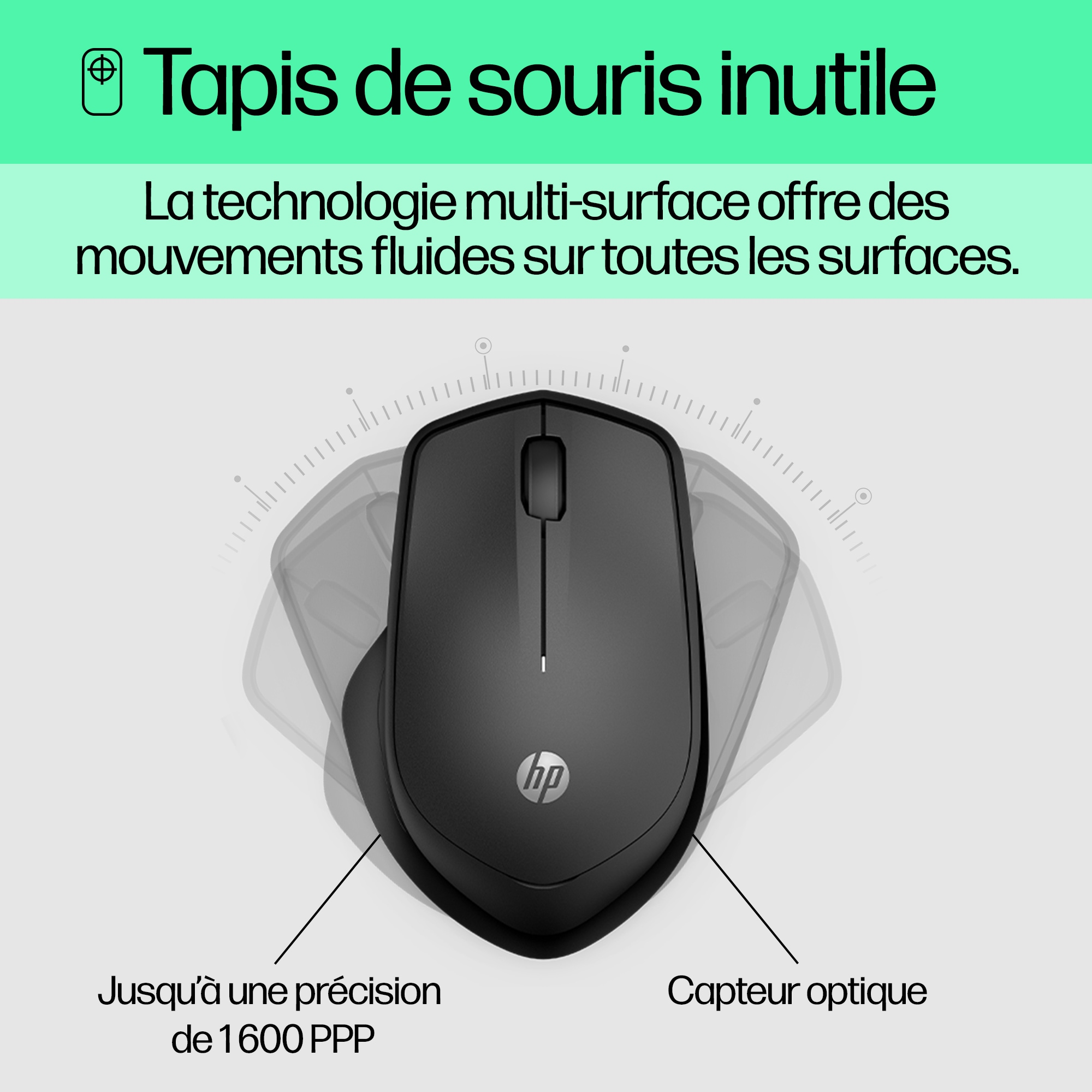 A black wireless mouse with the HP logo and text in french.