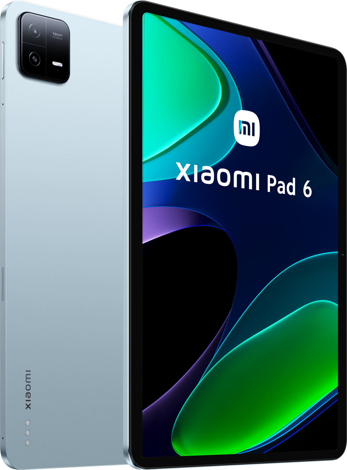 Una tableta Xiaomi Pad 6 azul con pantalla negra y cámara de 13MP.