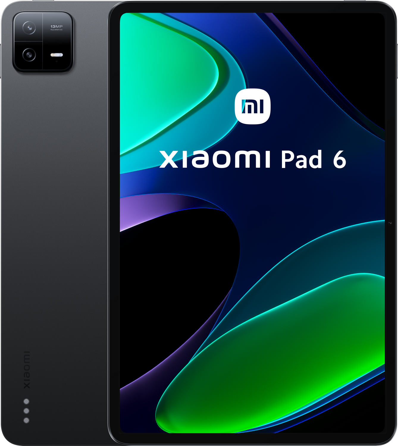Una tableta Xiaomi Pad 6 negra de lado, con un módulo de cámara.