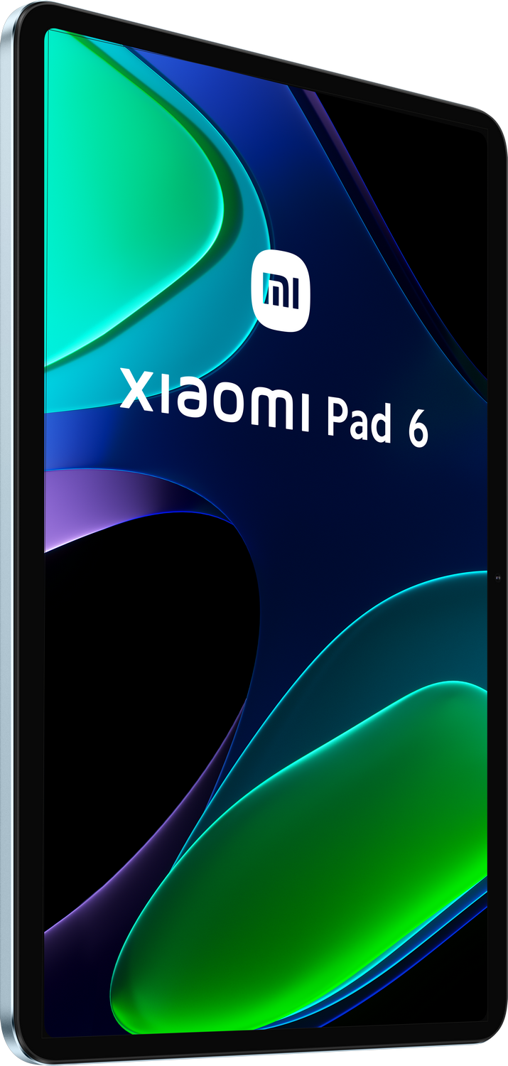 Tableta Xiaomi Pad 6, marco azul, pantalla con diseño abstracto verde y morado y texto blanco.