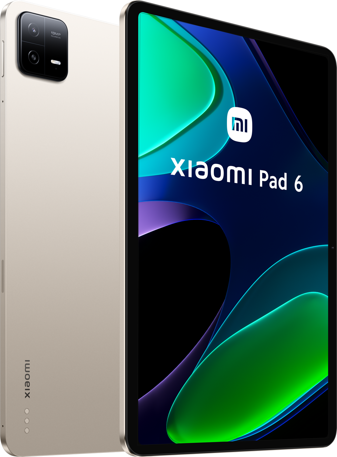Una tableta dorada Xiaomi Pad 6 con diseño elegante y módulo de cámara prominente.