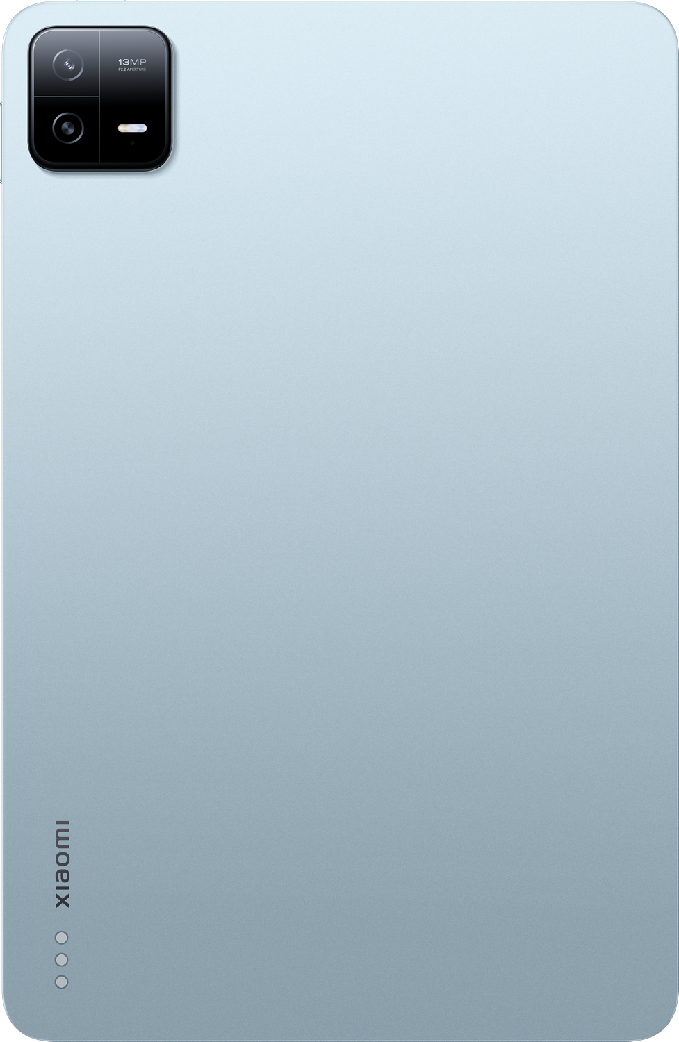 Parte trasera de una tableta azul claro con una cámara y la palabra "xiaomi".