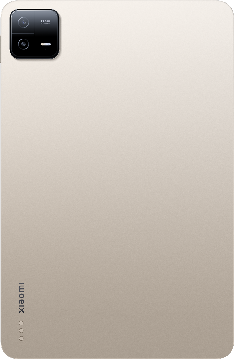 Parte trasera de una tableta beige con una cámara y la palabra "xiaomi".
