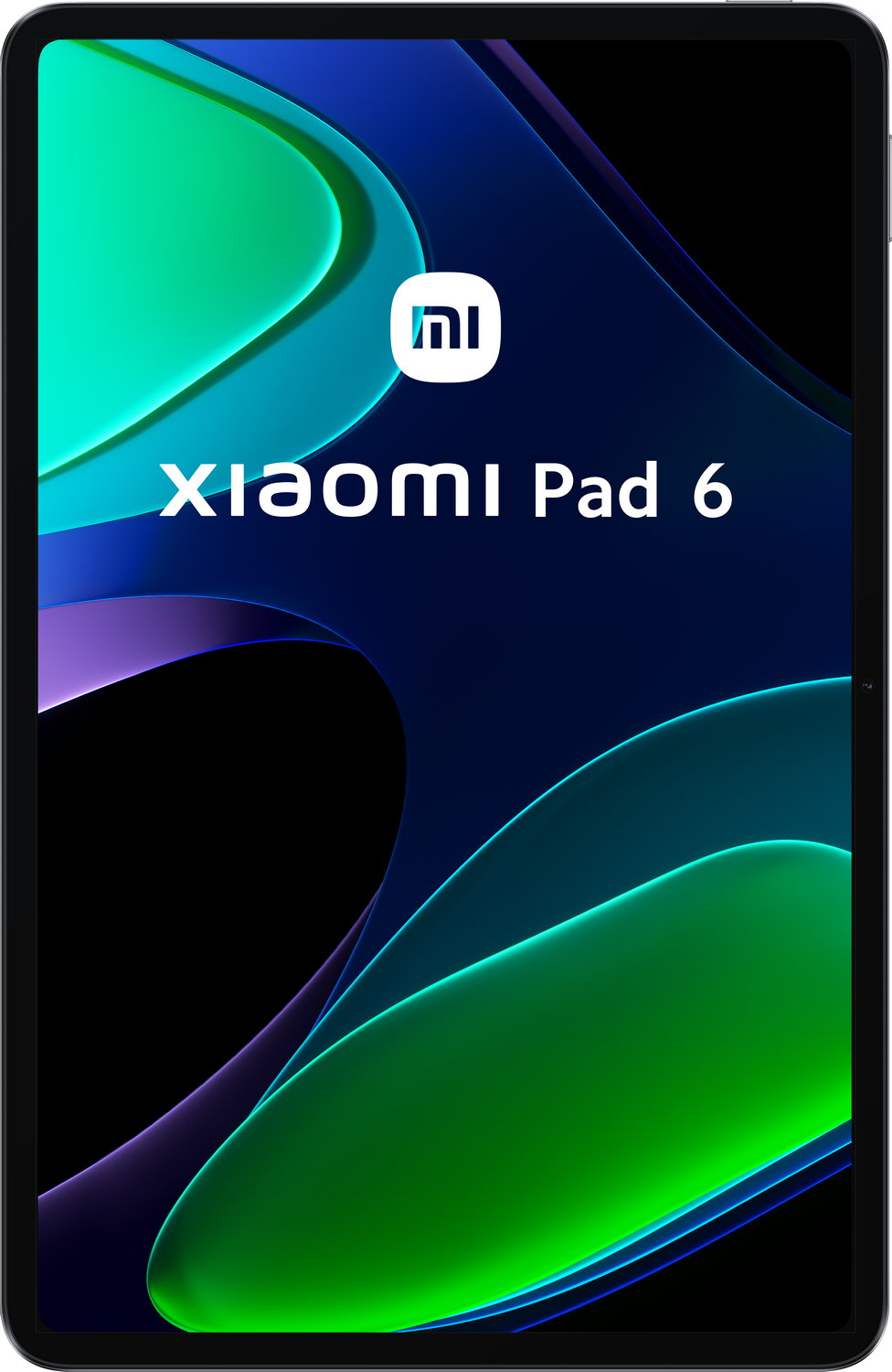 Tableta Xiaomi Pad 6 con pantalla que muestra un diseño abstracto verde y azul.