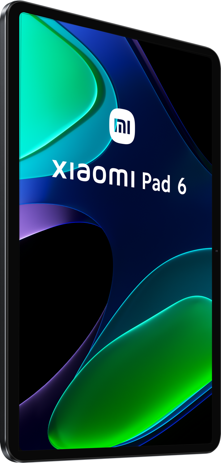 Tableta Xiaomi Pad 6, gráficos azules y verdes en pantalla, marco negro.
