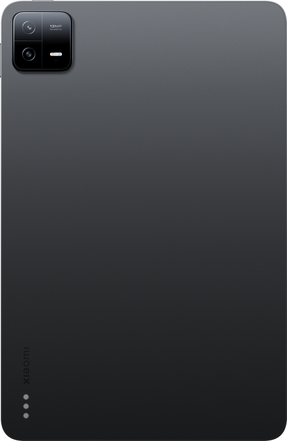 Parte trasera de una tableta gris oscuro con una cámara y el logotipo de Xiaomi.