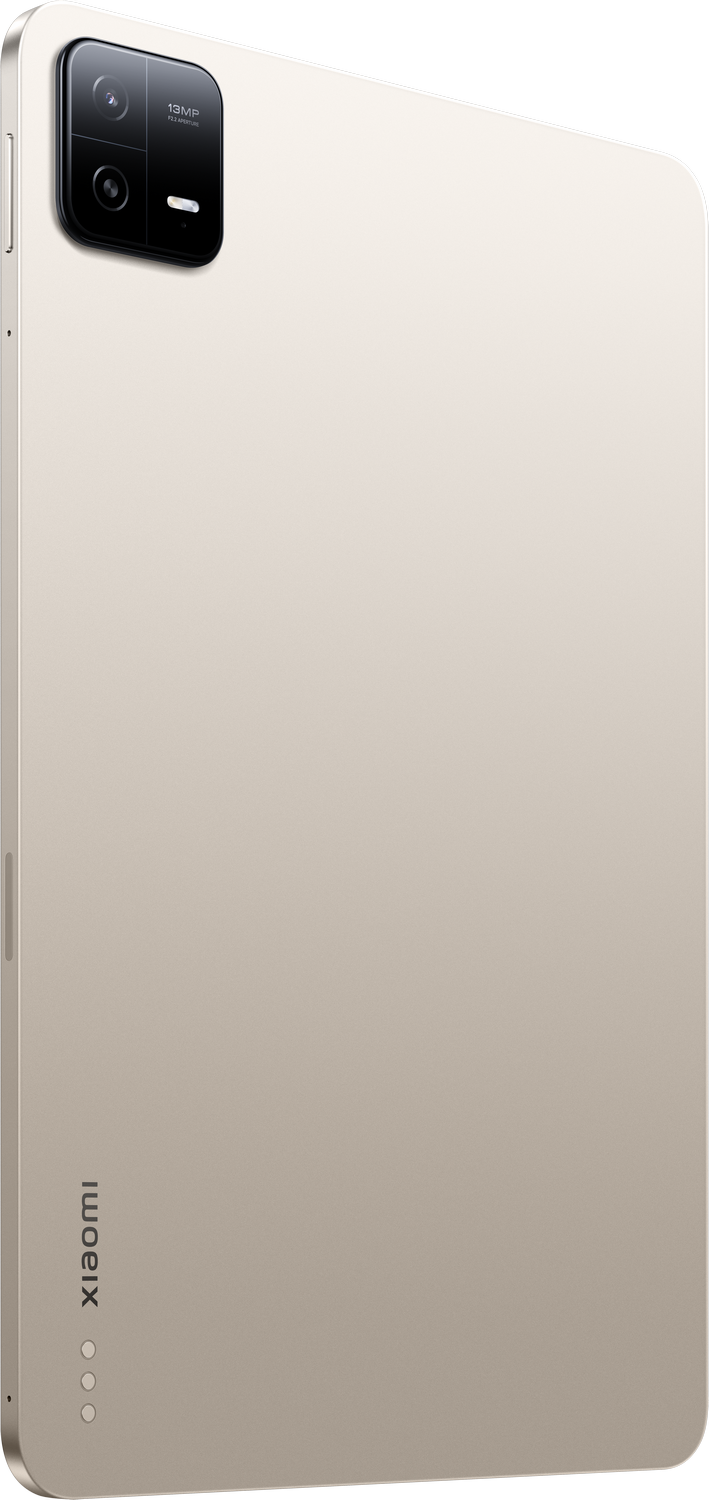 Vista trasera de tableta beige con cámara y marca Xiaomi. Perspectiva en ángulo.