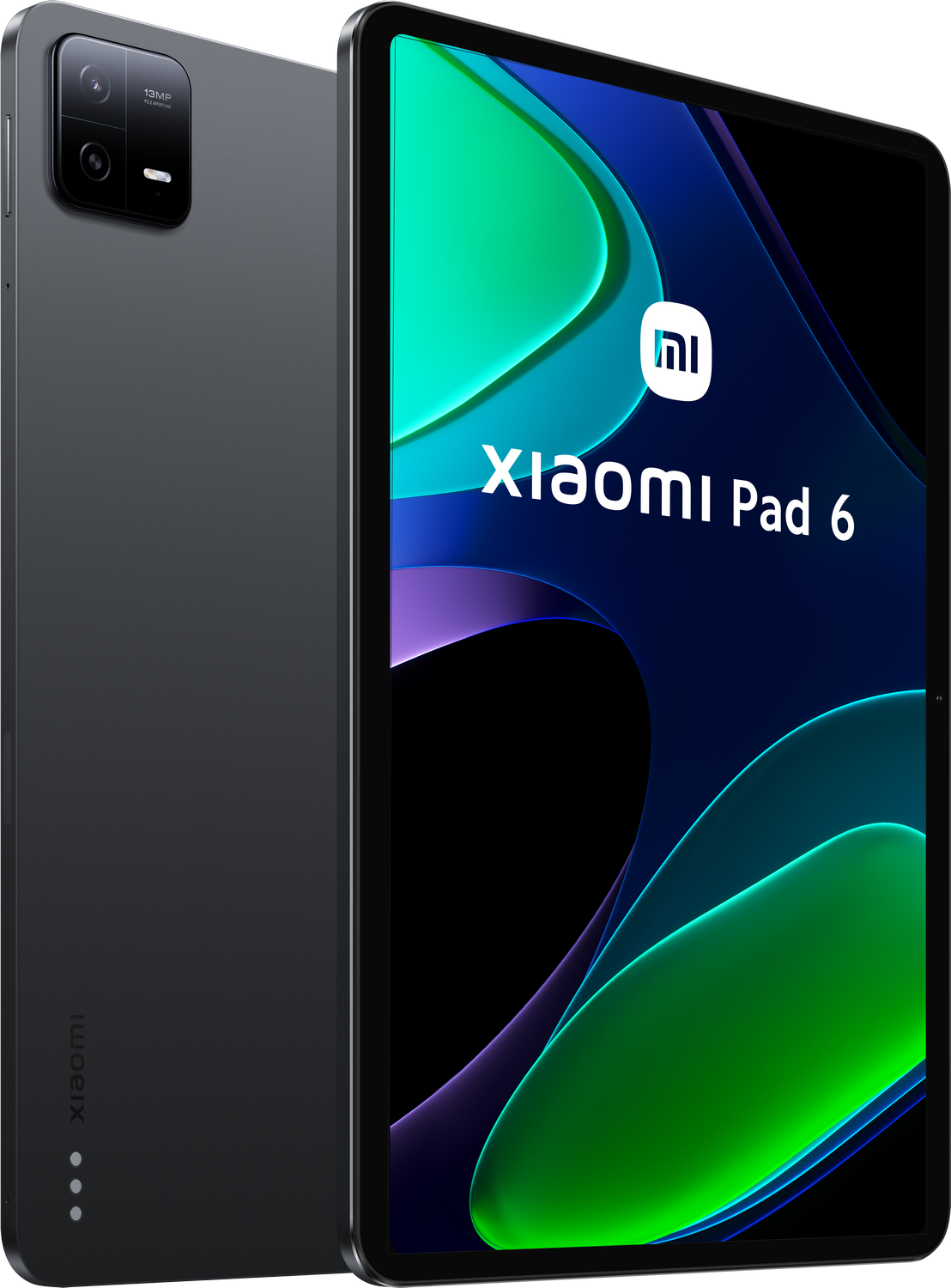 Tableta Xiaomi Pad 6 negra, vista en ángulo. Parte trasera con cámara y logo, frontal con pantalla.