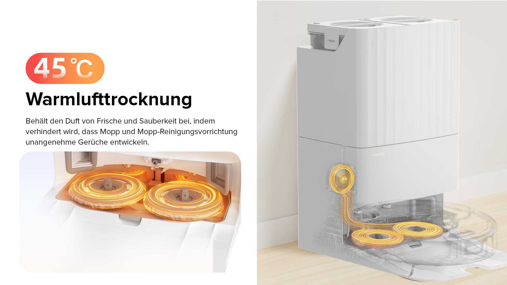 Diagramm eines Roboter-Staubsaugers, das Lufttrocknung bei 45 Grad Celsius zeigt.