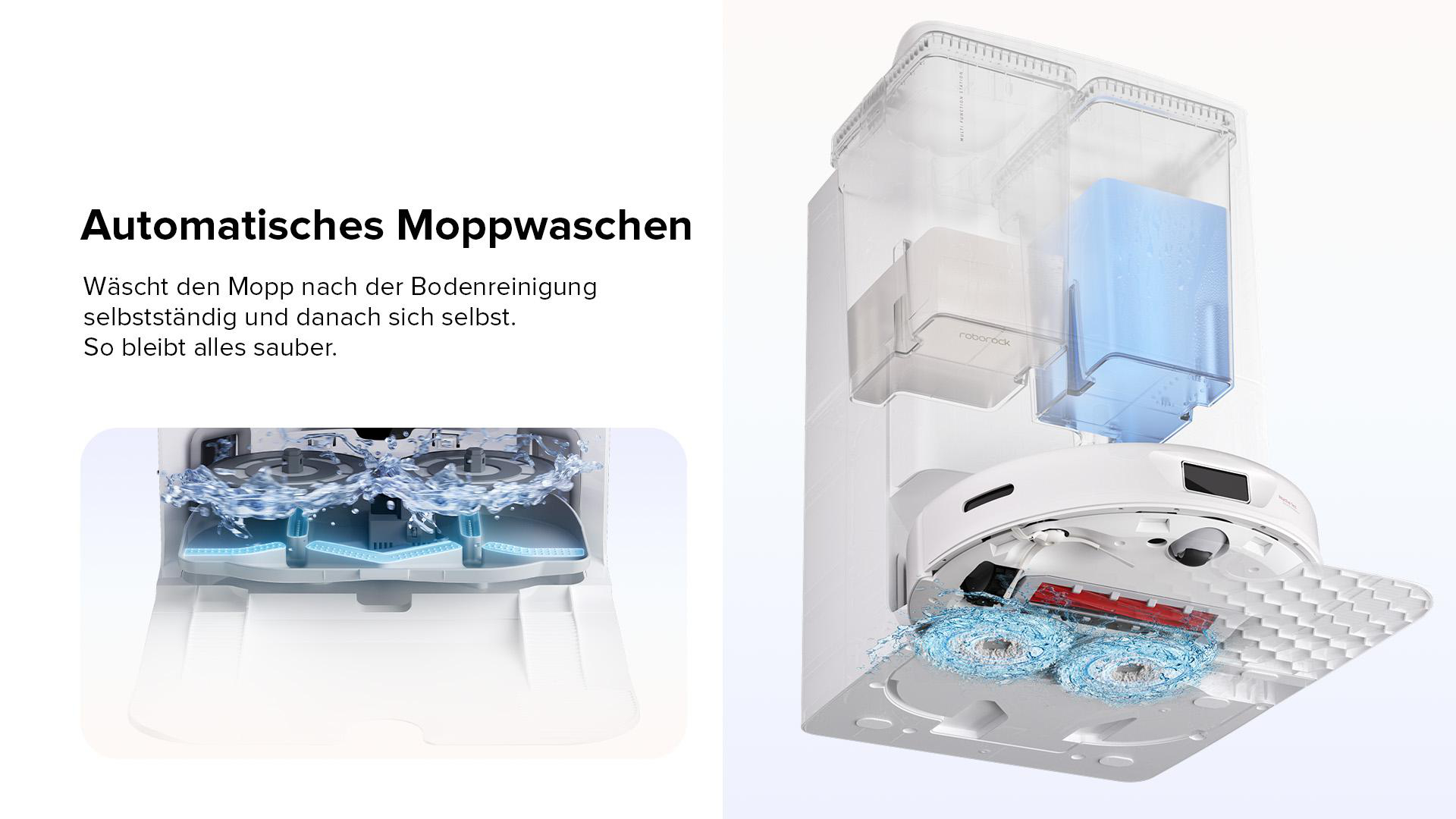 Diagramm eines Roboter-Staubsaugers, der seinen Wischmopp reinigt.