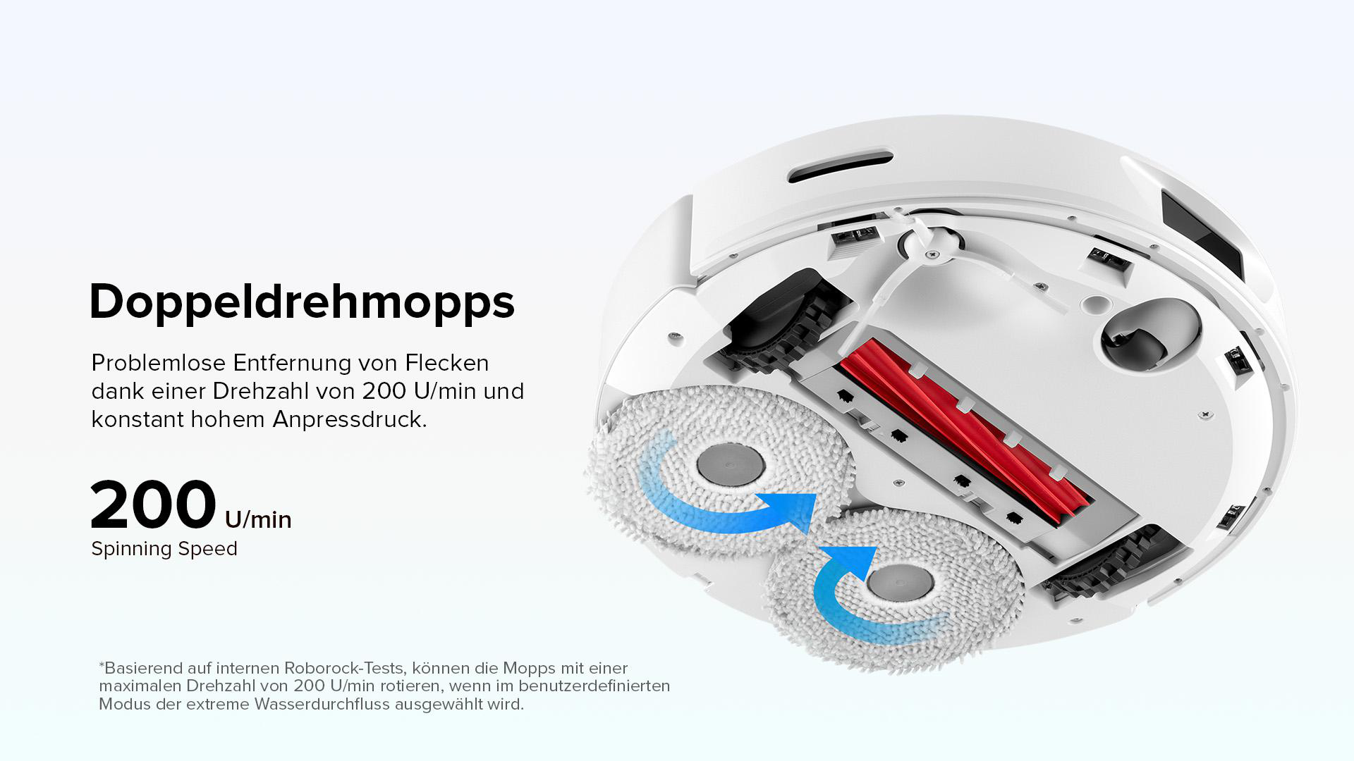Roboter-Staubsauger mit rotierenden Wischmopps, der den Boden reinigt.