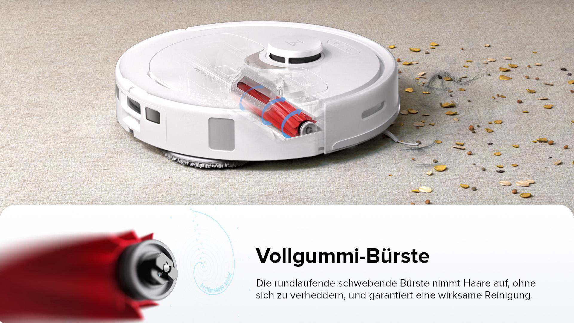 Wei ßer Roboter-Staubsauger auf hellem Teppich. Eine rote Walzenbürste ist sichtbar.