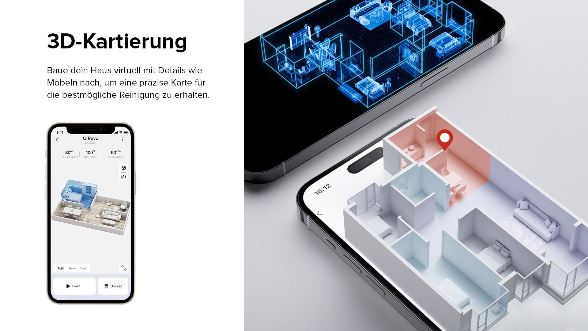 Zwei Telefone zeigen ein 3D-Modell eines Hauses. Blau und rot gefärbte Linien.