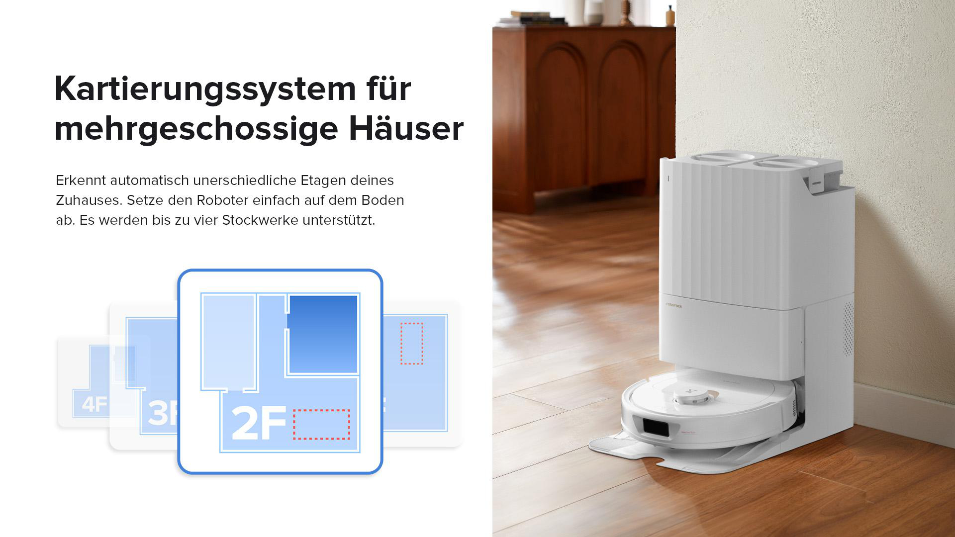 Grundriss eines Hauses mit blauen Markierungen und ein weißer Roboterstaubsauger.