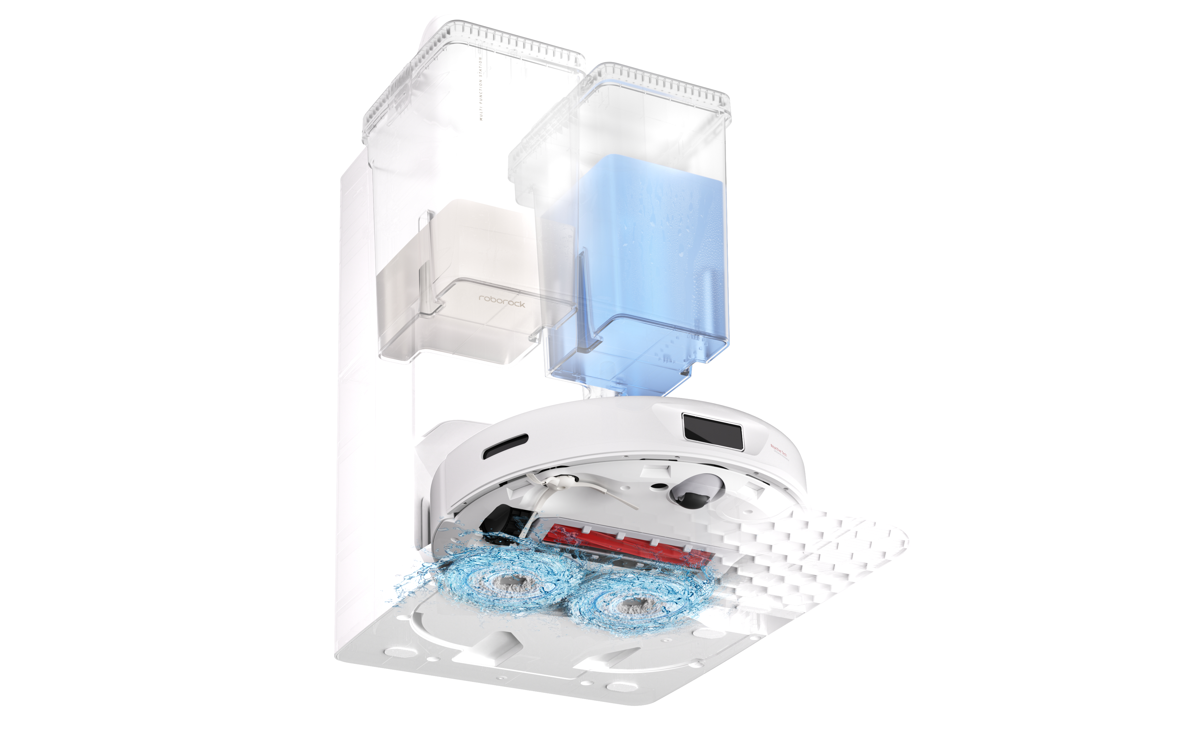 Ein automatischer Reinigungsroboter mit zwei Wassertanks und rotierenden Bürsten.